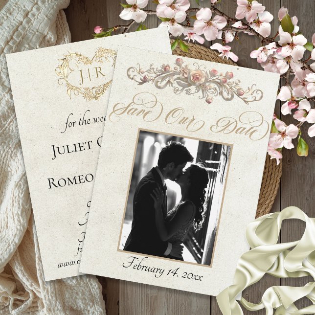 Save The Date Photo, Roses & Monogramme - Crème (Créateur téléchargé)