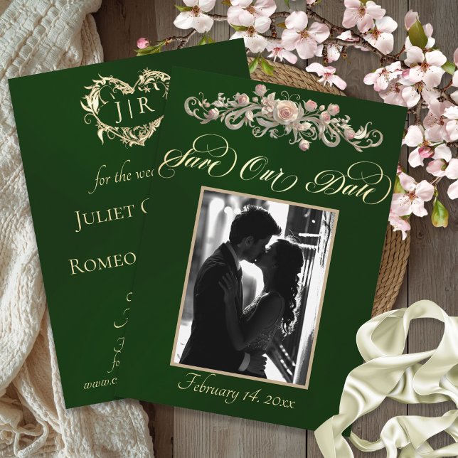 Save The Date Photo, Roses & Monogramme - Émeraude (Créateur téléchargé)