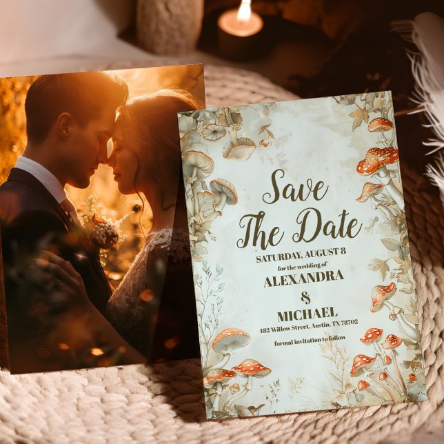 Save The Date Photo Rustic Elegant Mariage de champignon de bois (Créateur téléchargé)
