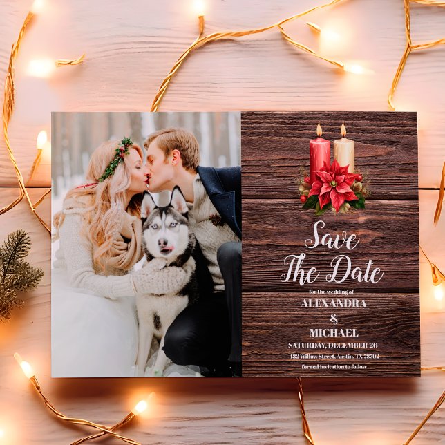 Save The Date Photo Rustic Wood Poinsettia Mariage de Noël (Créateur téléchargé)