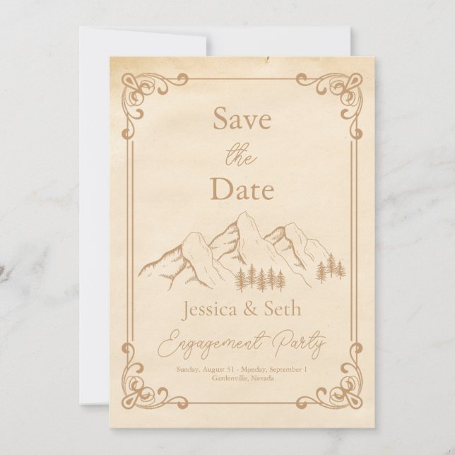 Save The Date Photo Rustic Woods Mountain Sketch Fiançailles (Devant)