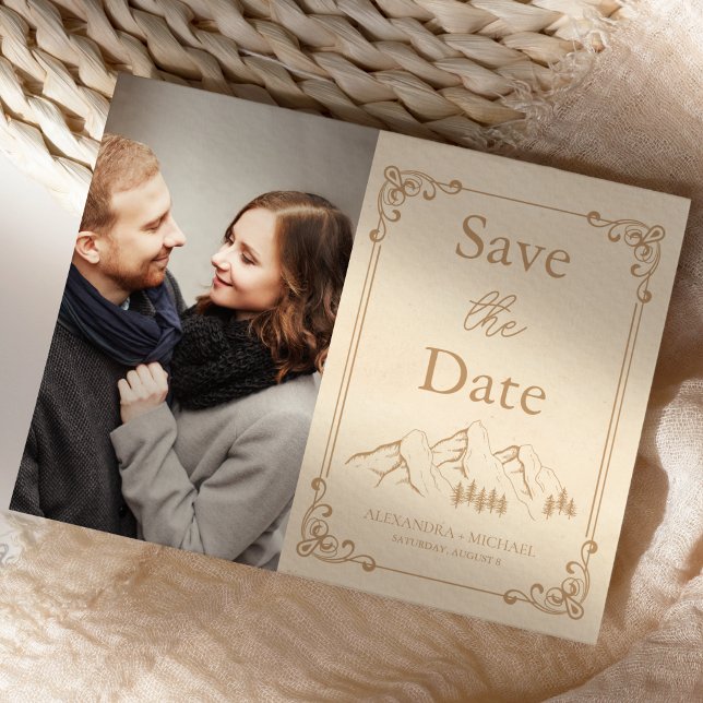 Save The Date Photo Rustic Woods Mountain Sketch Mariage (Créateur téléchargé)