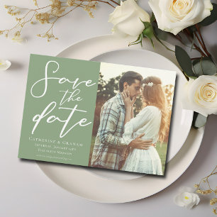 Save The Date Photo Sage Green White Script Couple