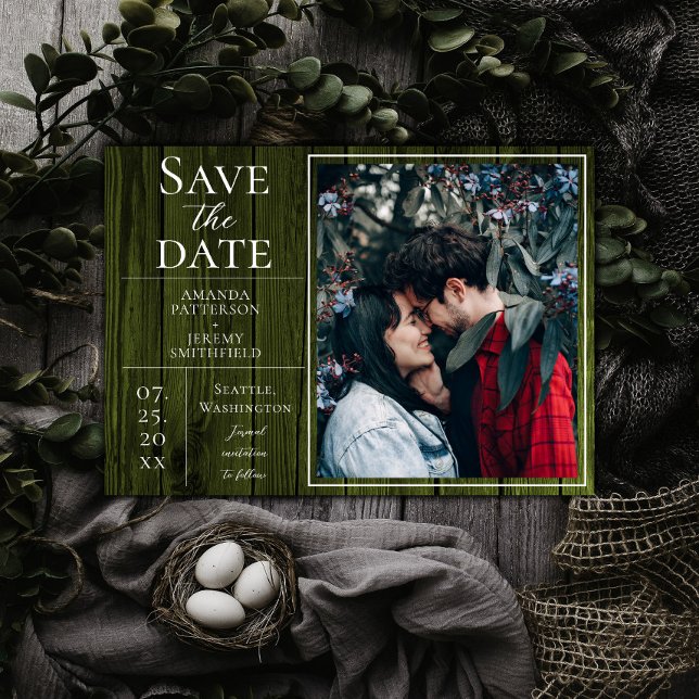 Save The Date Photo simple et rustique | Vert Enregistrer la dat (Green Rustic and Simple Photo Save the Date)