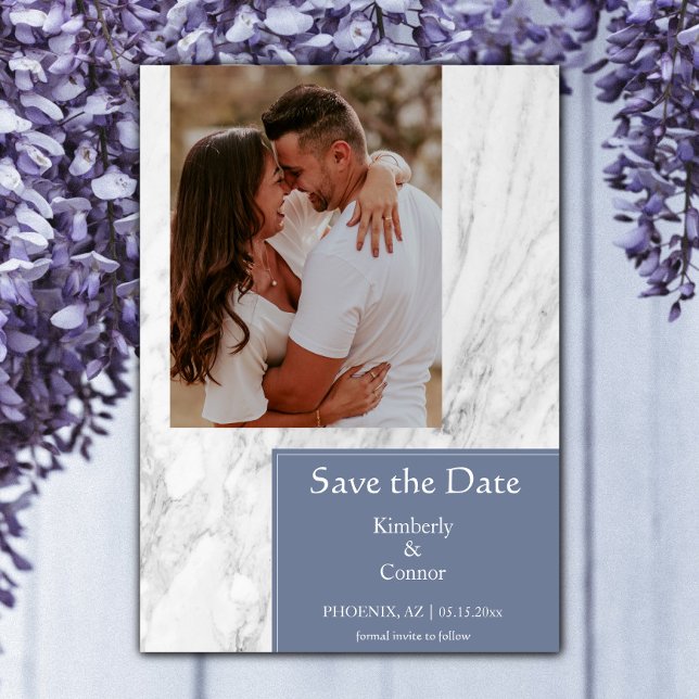 Save The Date Photo simple marbré bleu poussiéreux (Dusty Blue Simple Marbled Photo Save the Date)