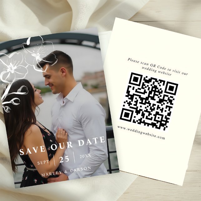 Save The Date Photo tirée à la main du Mariage Floral QR Code (Créateur téléchargé)