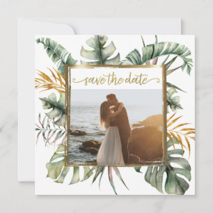 Save The Date Photo Tropical Elegant Palms Gold Frame