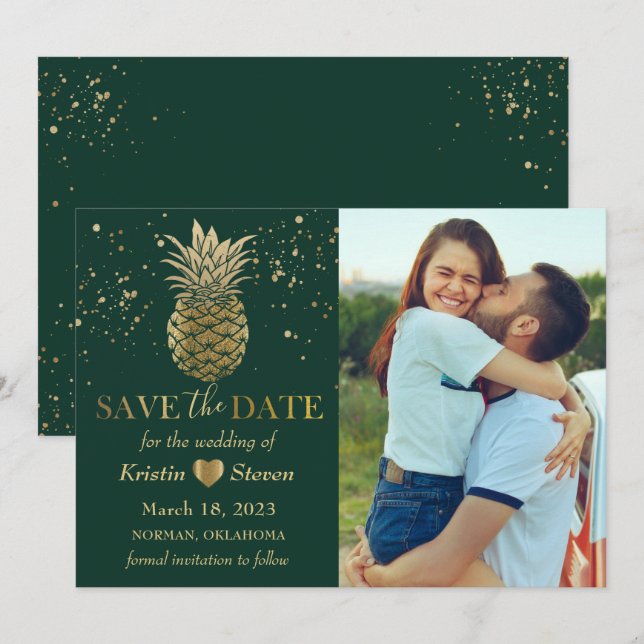 Save The Date Photo Tropical Green Gold Pineappy (Devant / Derrière)