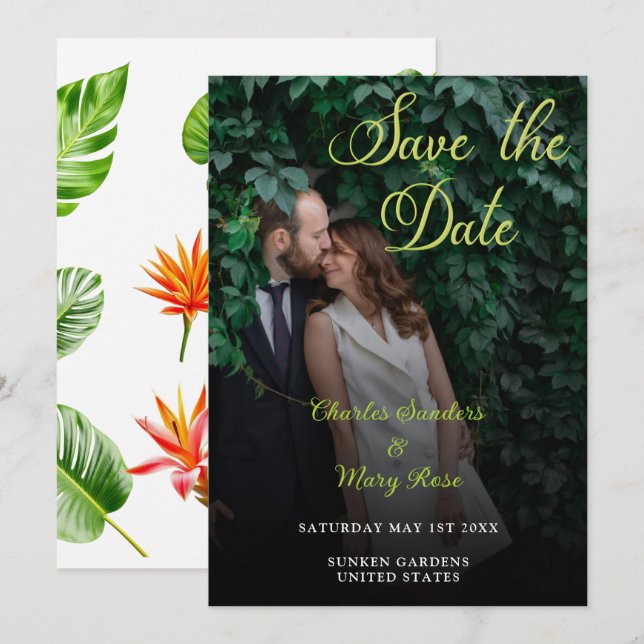 Save The Date Photo typographique de feuilles tropicales (Devant / Derrière)