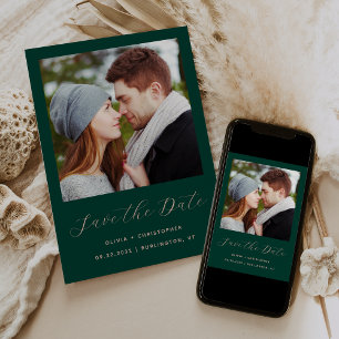 Save The Date Photo Vert Émeraude Rose Script