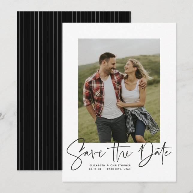 Save The Date Photo verticale du script moderne enregistrer la d (Devant / Derrière)