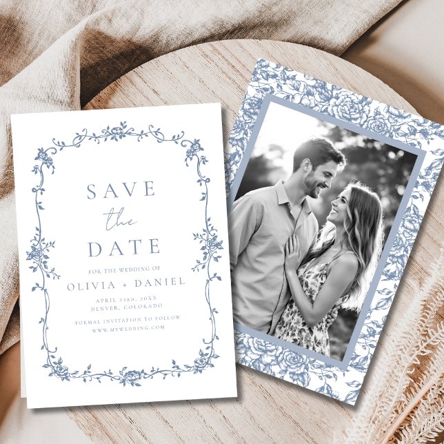 Save The Date Photo Victorian Floral Dusty Blue Mariage français (Créateur téléchargé)