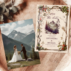 Save The Date Photo Vintage Mountain Forest Mariage À feuillage 