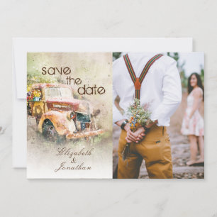 Save The Date Photo Vintage Rustic Truck Floral Mariage