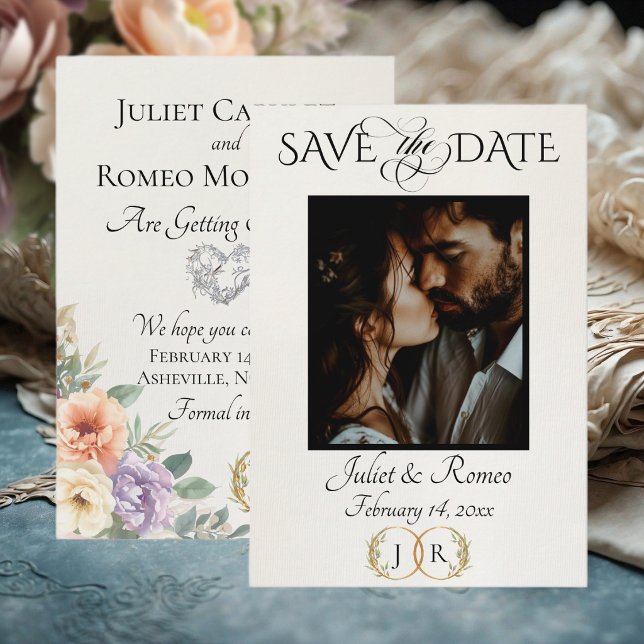 Save The Date Photo, Wildflowers & Leaf Monogram - Ivory (Créateur téléchargé)