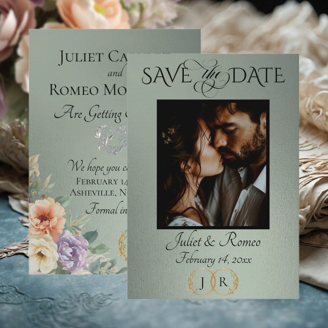 Save The Date Photo, Wildflowers & Leaf Monogram - Sage (Créateur téléchargé)