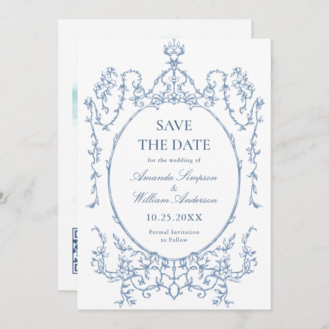 Save The Date Photographie de Mariage couleur bleu couleur orné  (Devant / Derrière)