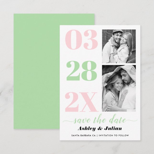 Save The Date Photographie de typographie moderne vert menthe et (Devant / Derrière)