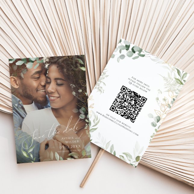 Save The Date Photographie de verdure et d'or blanc Code QR (Créateur téléchargé)