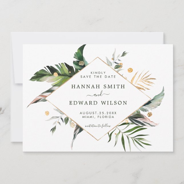 Save The Date Photographie du Mariage d'or vert du feuillage tro (Devant)
