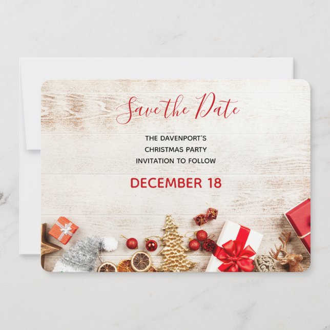 Save The Date Photographie en bois rustique avec objets de Noël (Devant)