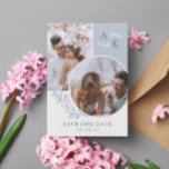 Save The Date Photos de Dove Blue Green Overlapping<br><div class="desc">Double face enregistrer la carte de date en blanc et bleu colombe avec vos initiales,  photos superposées,  et la verdure avec des polices élégantes propres. Photo enregistrer la carte de date avec un design moderne personnalisé avec votre monogramme et photos,  deux d'un côté et l'autre.</div>