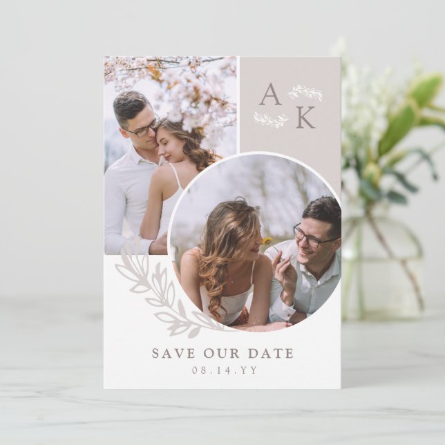 Save The Date Photos en superposition de verdure taupe blanc (Debout devant)