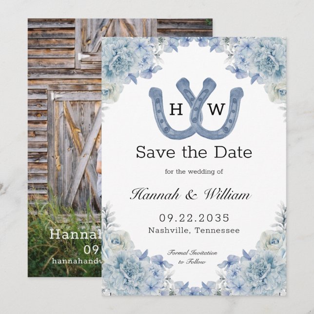Save The Date Photos florales du Monogramme de fer à cheval bleu (Devant / Derrière)