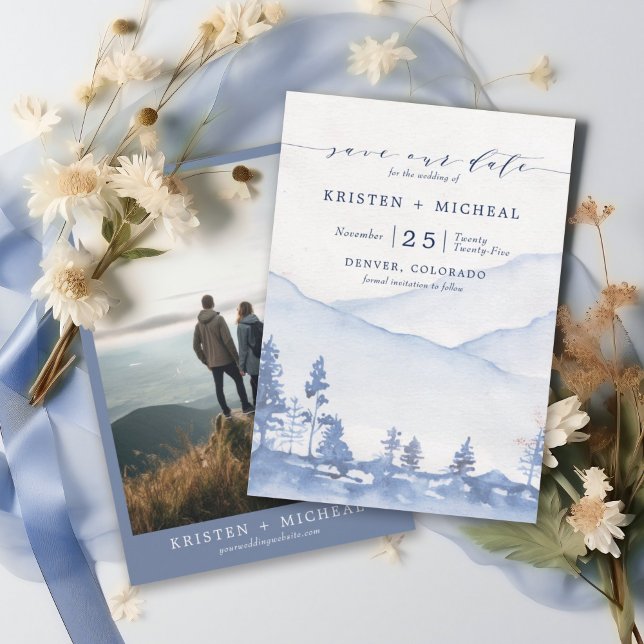 Save The Date Photos Rustique Blue Watercolor Mountain (Delight your guests with a Save the Date that's as breathtaking as your upcoming nuptials.)