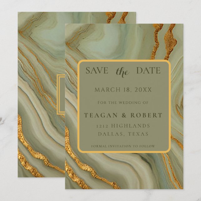Save The Date Pierre d'Onyx Vert Sauge avec Veinage Doré (Devant / Derrière)