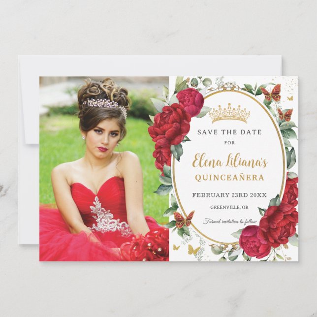 Save The Date Pierres rouges Papillons floraux Quinceañera Photo (Devant)