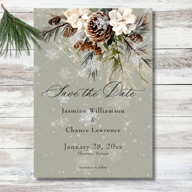 Save The Date Pin Russe à neige et Mariage Floral Blanc (Rustic Snowfall Pine & White Floral Sage Wedding Save The Date)