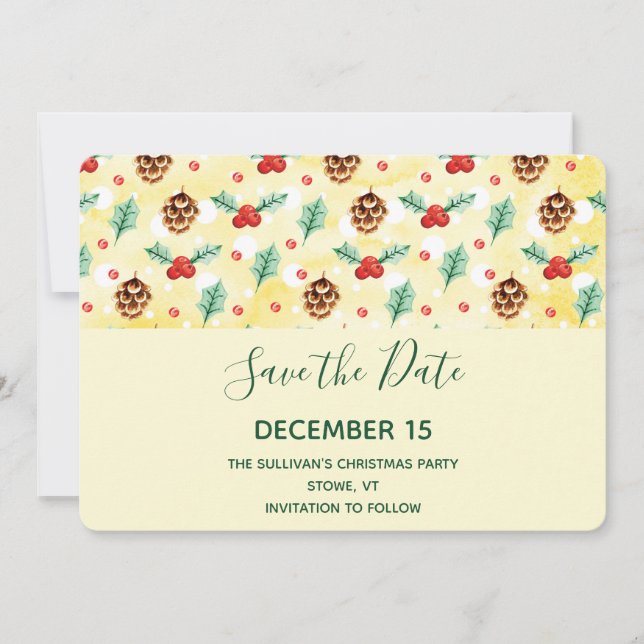 Save The Date Pine Cones et Motif de Noël Holly (Devant)