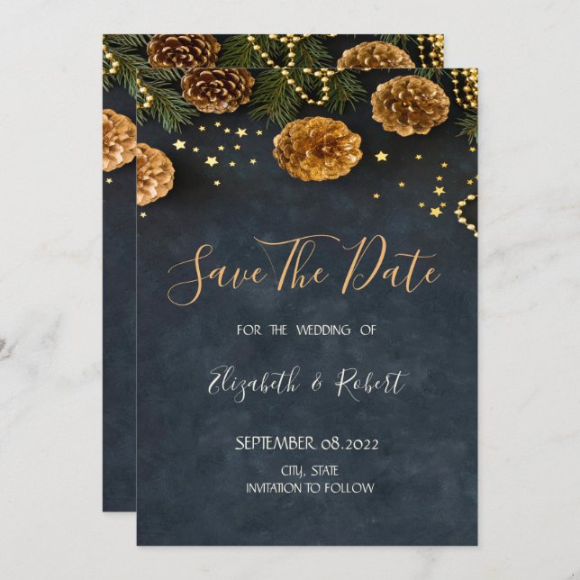 Save The Date Pine Cônes, Étoiles Enregistrer La Date (Devant / Derrière)