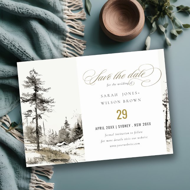 Save The Date Pine Woods Mountain Paysage Mariage de croquis (Créateur téléchargé)