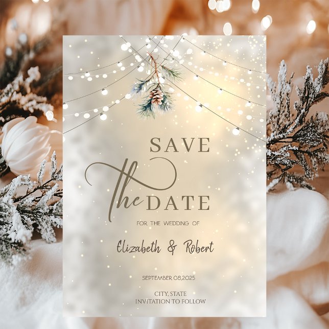 Save The Date Pinecone String Lights Mariage hivernalEnregistrer (Créateur téléchargé)