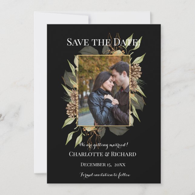 Save The Date Pinecones rustiques sur Fiançailles noir Photo (Devant)