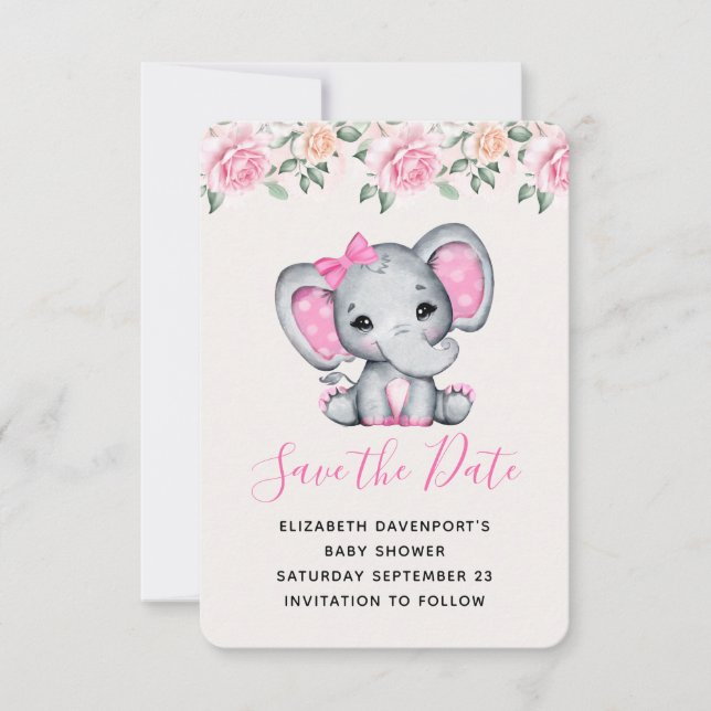 Save The Date Pink Baby Elephant and Roses Border (Devant)