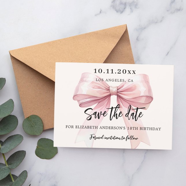 Save The Date Pink bow crème fête d'anniversaire Enregistrer la  (Créateur téléchargé)
