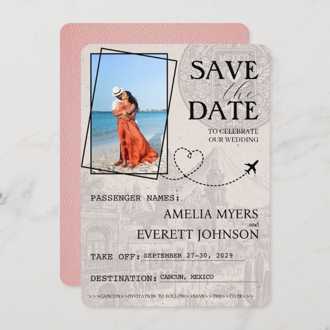 Save The Date Pink Cancun Passeport Enregistrer La Date (Devant / Derrière)