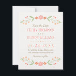 Save The Date Pink Country Floral Mariage<br><div class="desc">Mariage rustique chic enregistrer la date faire-part cartes disposent d'un cadre floral symétrique de jolies pêches,  rose rousse,  corail,  et nectarine orangé fleurs et feuilles botaniques vert doux avec l'apparence dessinée à la main,  et arrière - plan avec un aspect texturé subtil et élégant tissé.</div>