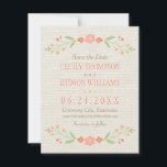 Save The Date Pink Country Floral Mariage<br><div class="desc">Mariage rustique chic enregistrer la date faire-part cartes disposent d'un cadre floral symétrique de jolies pêches,  rose rousse,  corail,  et nectarine orangé fleurs et feuilles botaniques vert doux avec l'apparence dessinée à la main,  et arrière - plan avec un aspect texturé subtil et élégant tissé.</div>