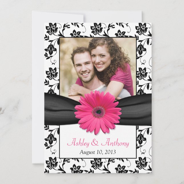 Save The Date Pink Daisy Black White Floral Photo Enregistrer la (Devant)
