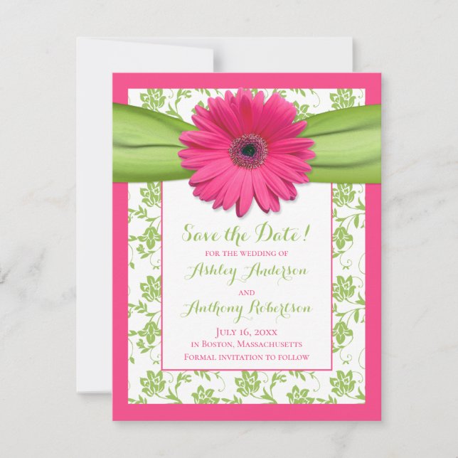 Save The Date Pink Daisy Green Floral Mariage damassé (Devant)