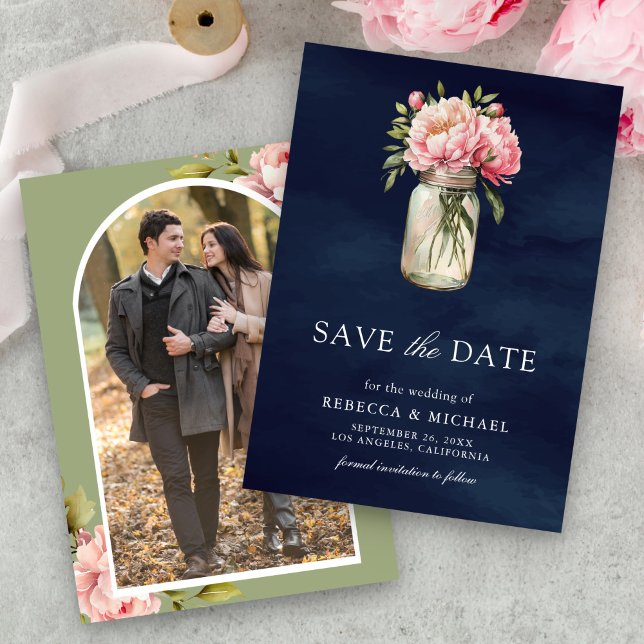 Save The Date Pink Floral Mason Jar Photo Marine Blue Mariage (Créateur téléchargé)