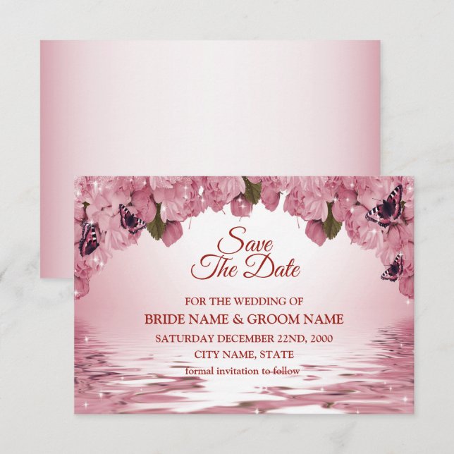 Save The Date Pink Floral Nature Butterfly Outdoor Wedding (Devant / Derrière)