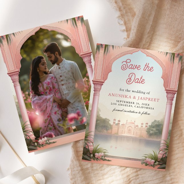 Save The Date Pink Floral Palais Royal Indien Mariage Photo (Créateur téléchargé)