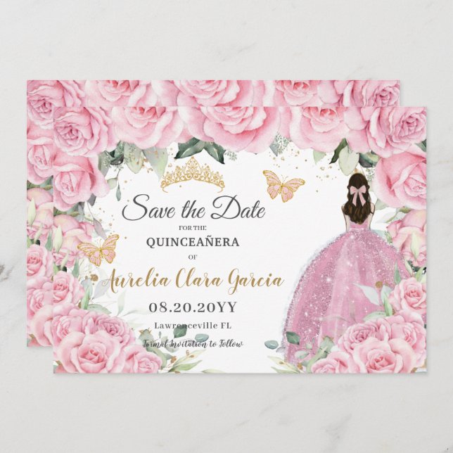 Save The Date Pink Floral Princess Quinceañera Quince Sweet 16  (Devant / Derrière)