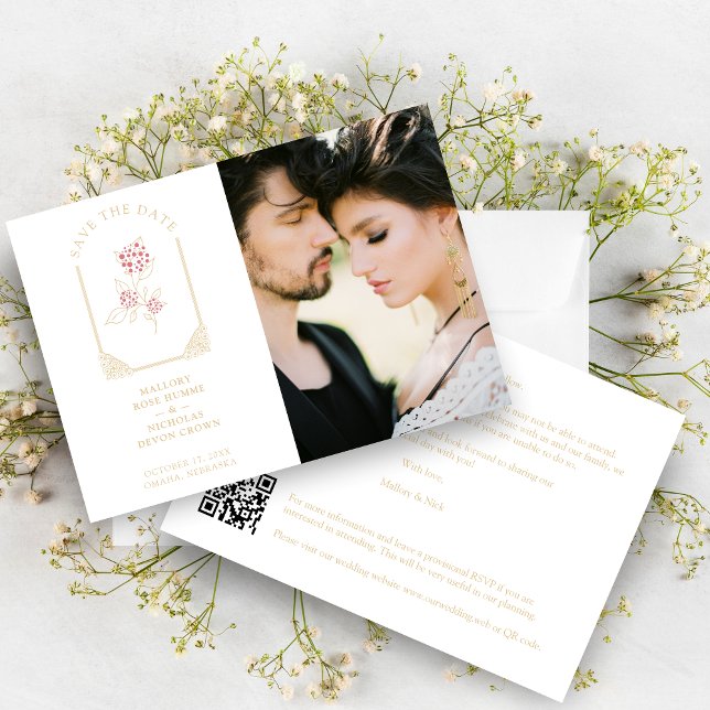 Save The Date Pink Floral Simulated Dome Arch Wedding in Gold (Pink Floral Simulated Dome Arch Wedding in Faux Gold Photo in White background Save the Date Card.)