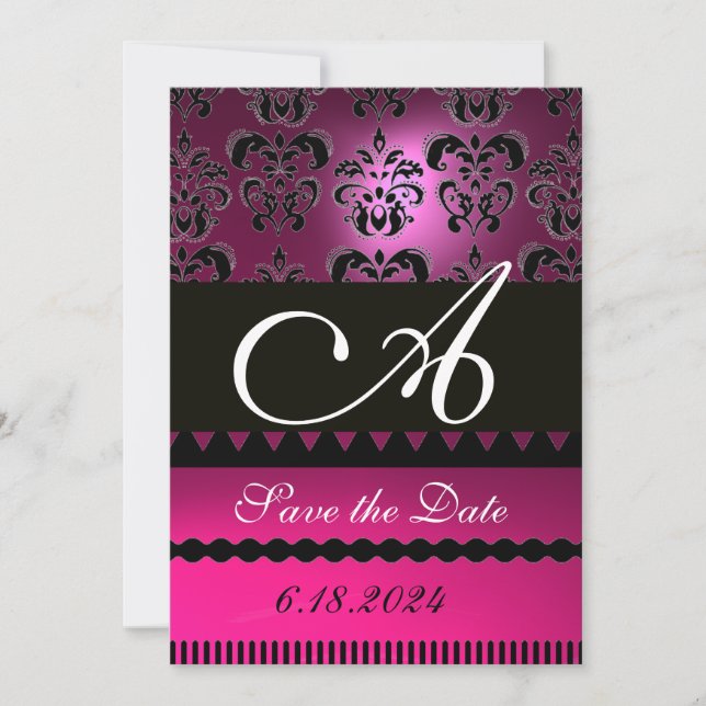Save The Date PINK FUCHSIA PURPLE DAMASK MONOGRAS Noir (Devant)